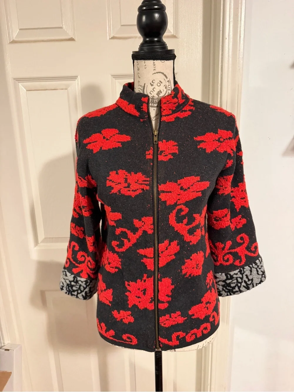 Anthropologie Red Floral Zip-Front knit Jacket